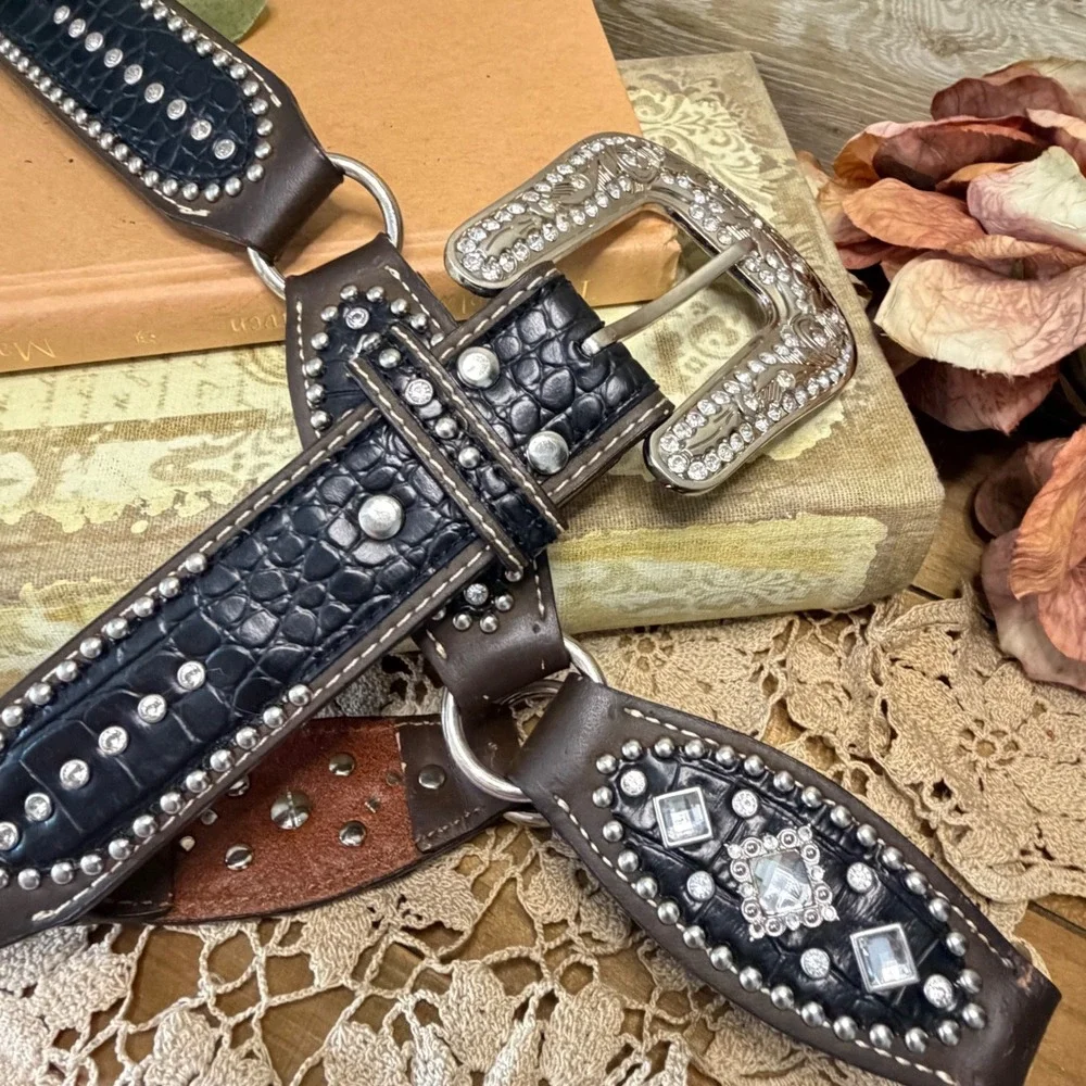 Nocona Belt Co Womens Brown Black Leather Rhinestone Studded Western Belt Small